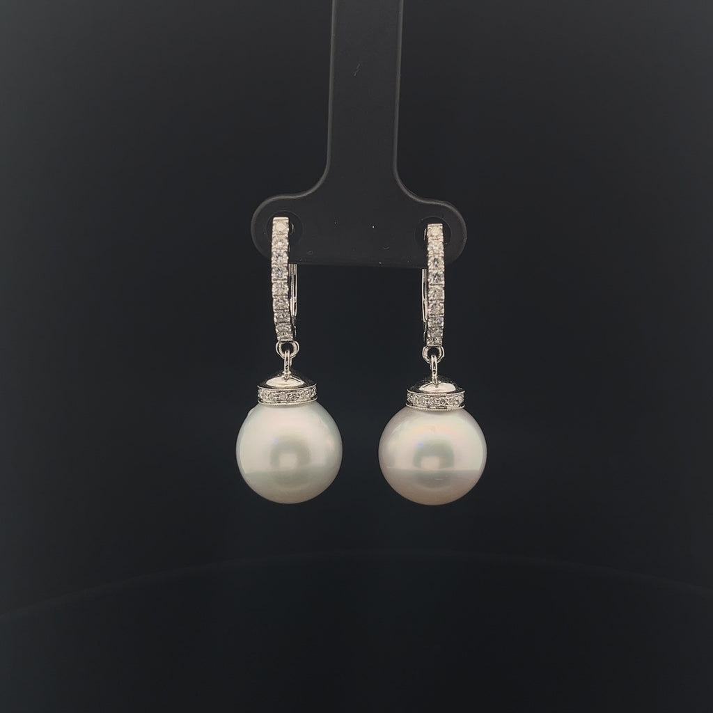 18k White Gold .65ct F VS2 Round Diamond and Fresh Water White Pearl 13mm Drop Earrings