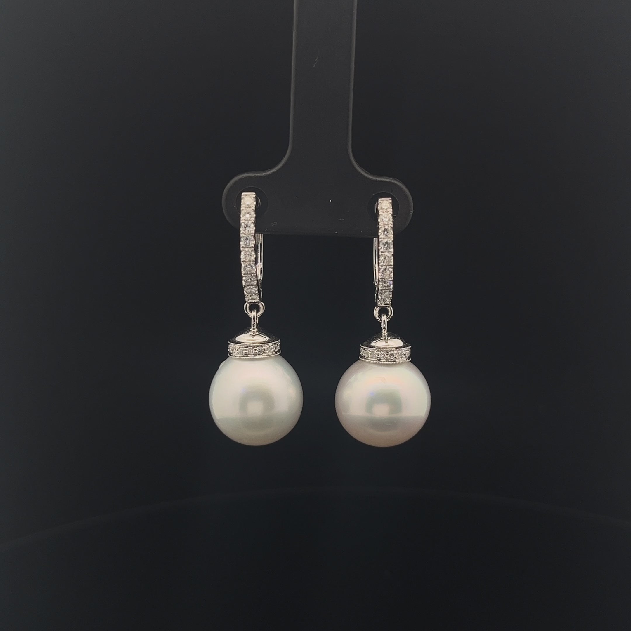 18k White Gold .65ct F VS2 Round Diamond and Fresh Water White Pearl 13mm Drop Earrings