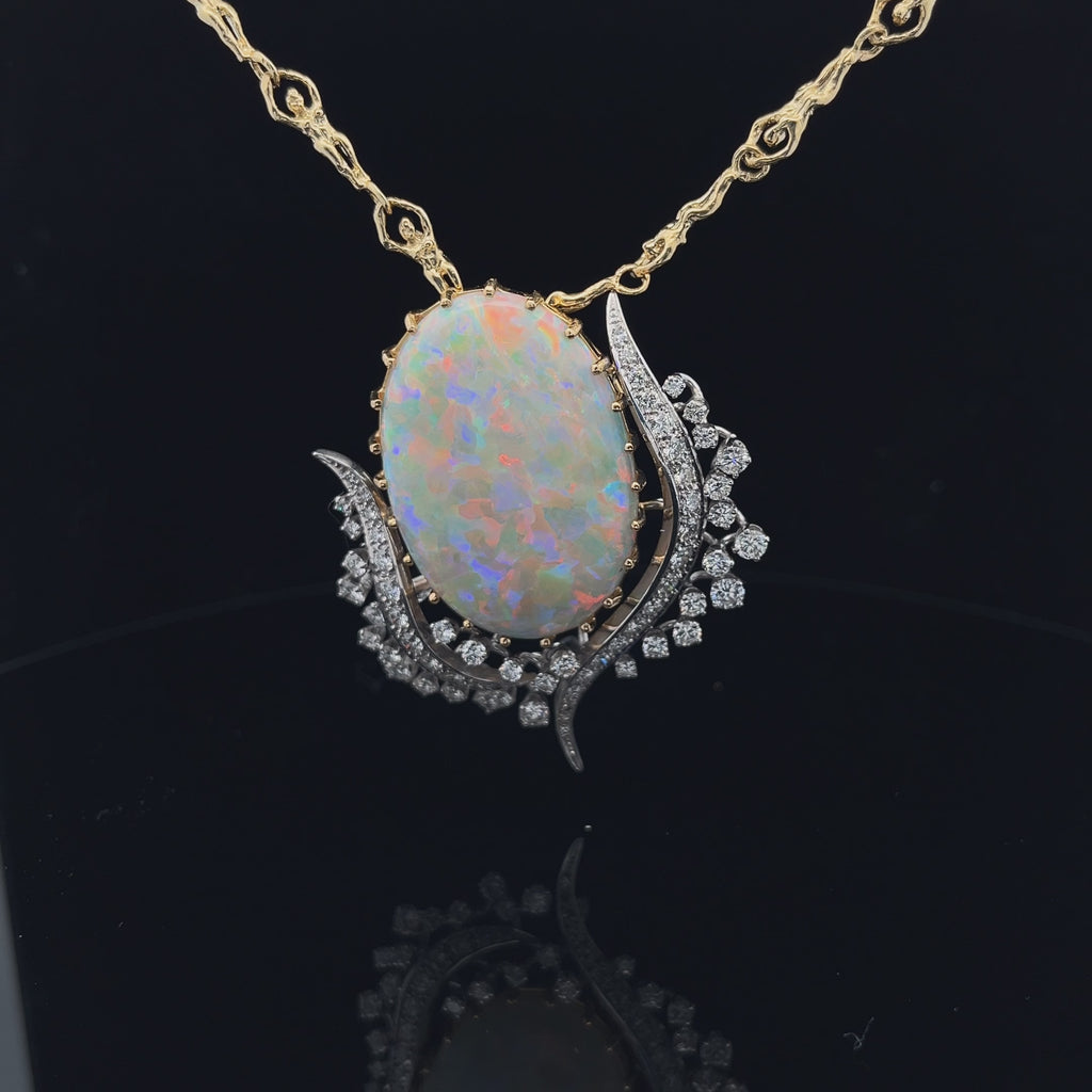18k Yellow Gold and Platinum 27.28ct Opal and  3.00ct F VS2 Round Diamond Vintage Pin/Pendant Flower Tulip Certified By GIA #5234226978