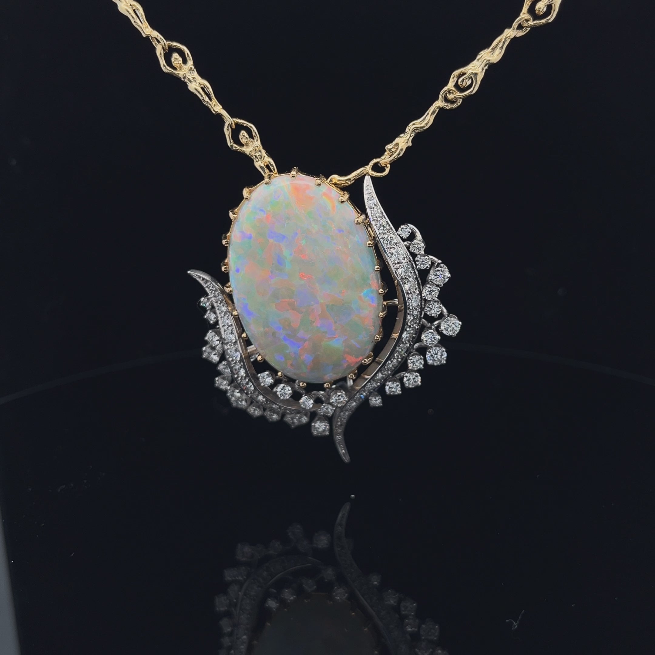 18k Yellow Gold and Platinum 27.28ct Opal and  3.00ct F VS2 Round Diamond Vintage Pin/Pendant Flower Tulip Certified By GIA #5234226978