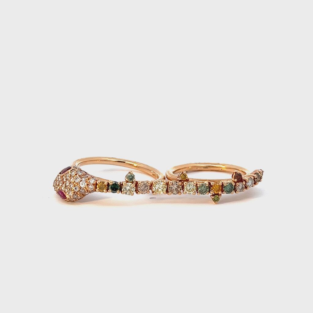 18k Rose Gold 2.50ct Multi Color Diamond ,Sapphire and  Ruby total weight  Snake Ring