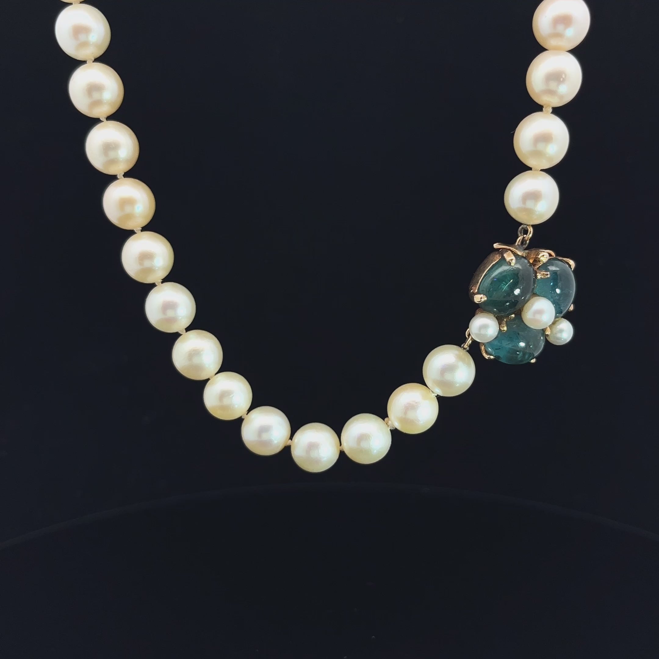 14k Yellow Gold 40 Drilled Akoya Pearls 8mm / (3) Green-Blue Oval Cabochons Necklace Certified By GIA # 5181657594