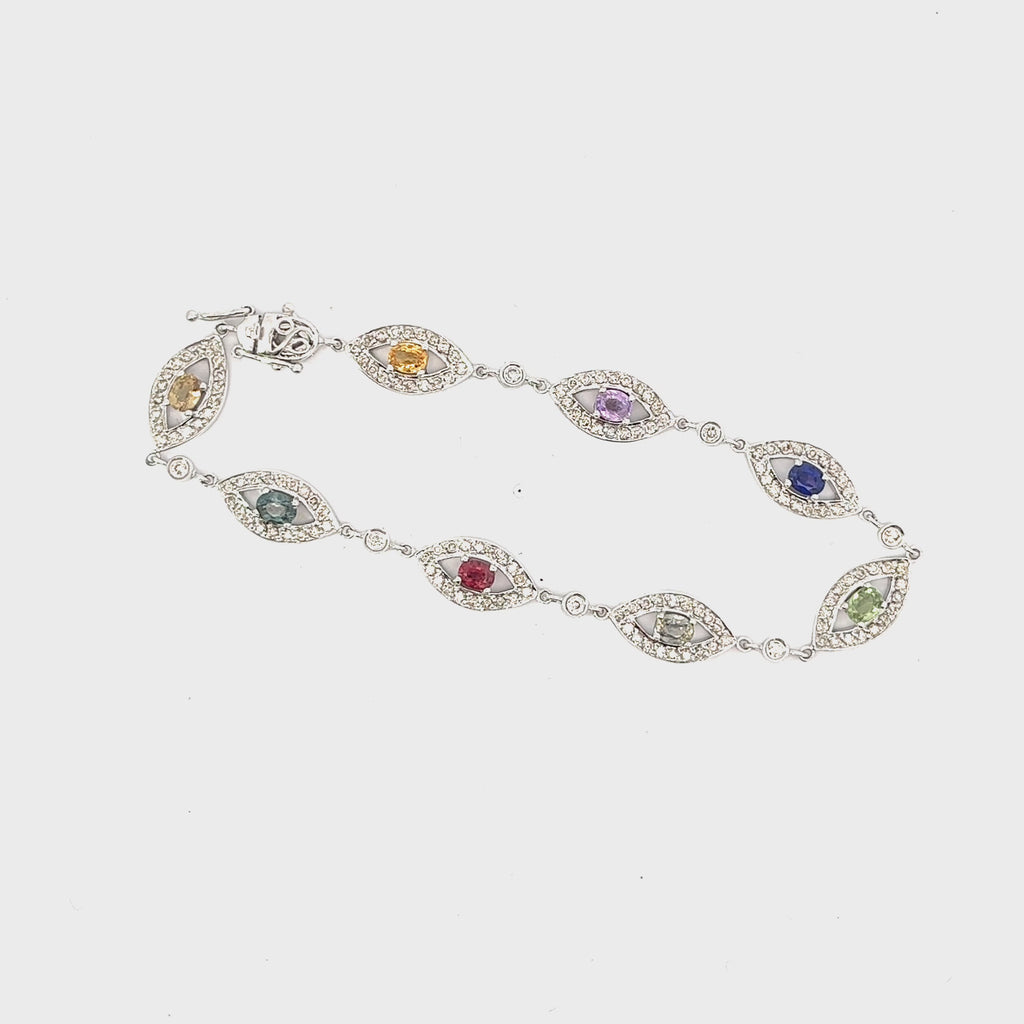 14K WHITE GOLD 3CT Round Multi Colored Sapphire  And  1.50CT H SI1 Round Diamond  Evil Eye Bracelet
