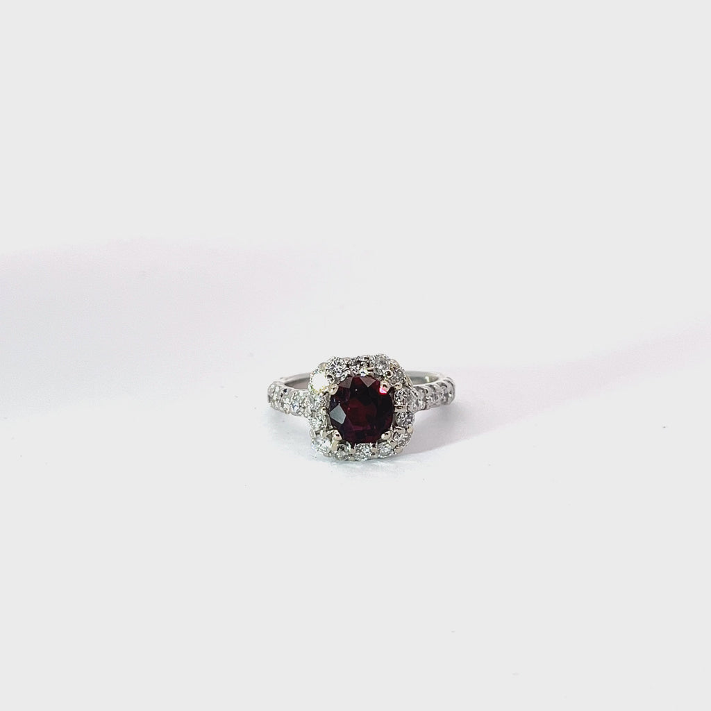 18k White Gold  1.76ct Cushion Rhodolite Garnet  and .75CT G VS2 Round Diamond Ring Certified By GIA#2235020105