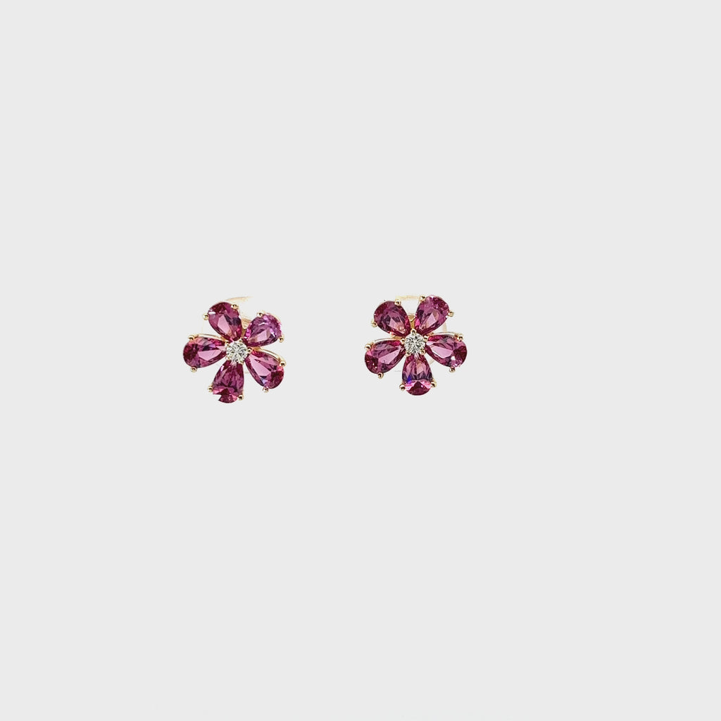14K YELLOW GOLD 1.71 CT PINK TOURMALINE AND .07CT G SI1 ROUND DIAMOND FLOWER STUD EARRINGS