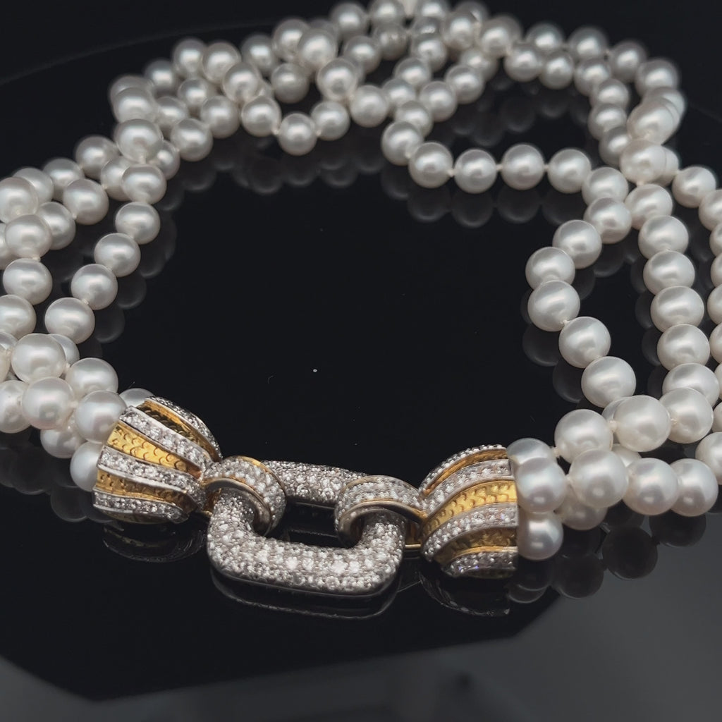 14k Yellow Gold  1.63ct G VS2 Round Diamond and Fresh Water White 3 Strand Pearl Necklace