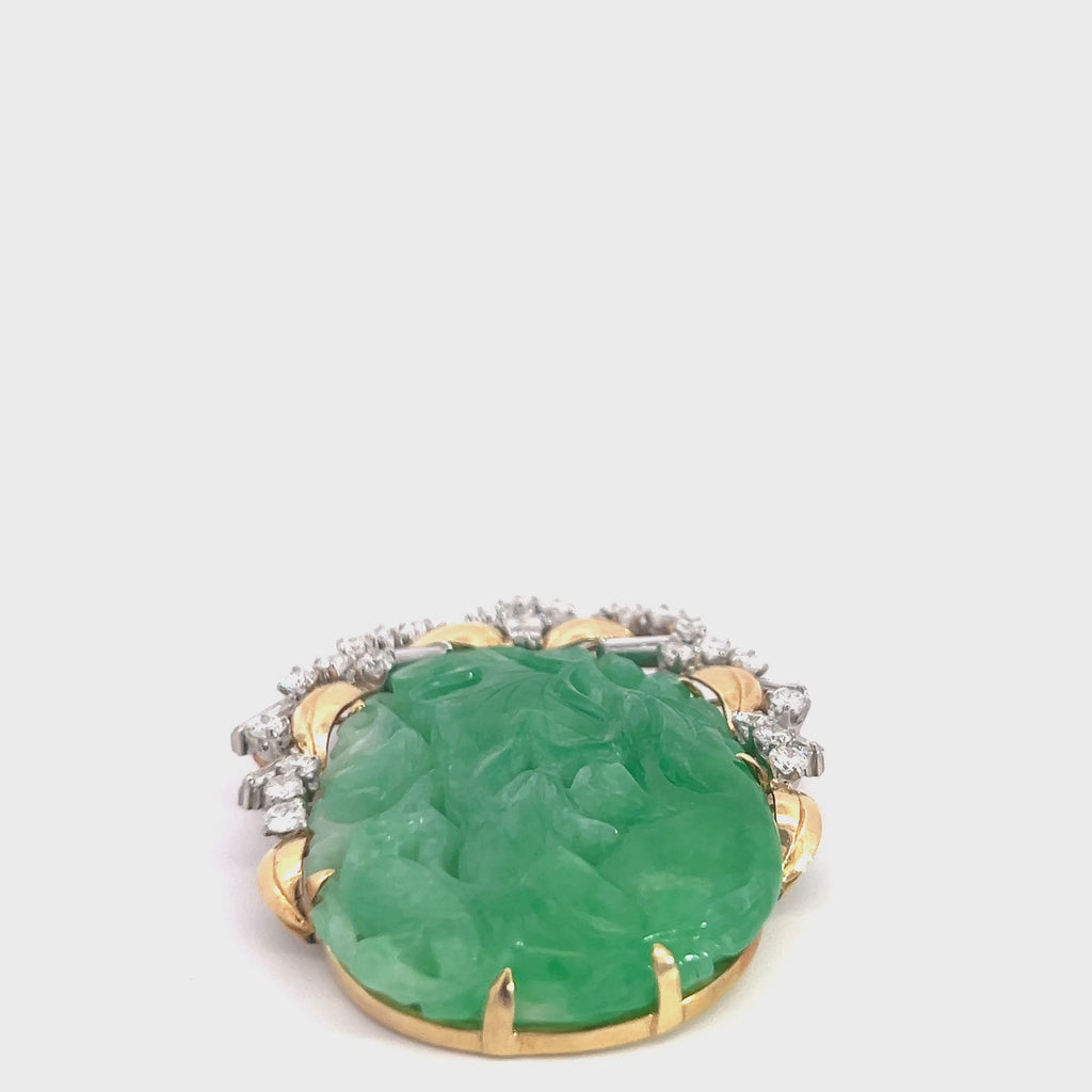 18k Two Tone 32.52 grams Pierced Carving  Oval Shape Mottled Green Jade/ 3.00ct E VS1 Baguette and Round Diamond Vintage (Disc) Jade Certified By GIA# 6237501581