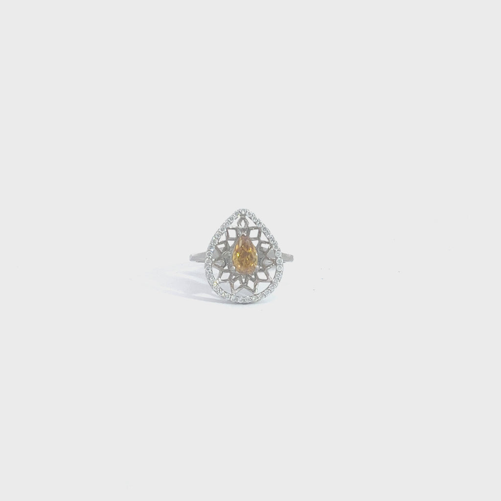 18k White Gold .75ct Fancy Deep Brownish Orangy Yellow Pear Shaped Chocolate Diamond and Surrounded .30ct F VS2 Round Diamond Engagement Ring Certified by GIA #2165929634