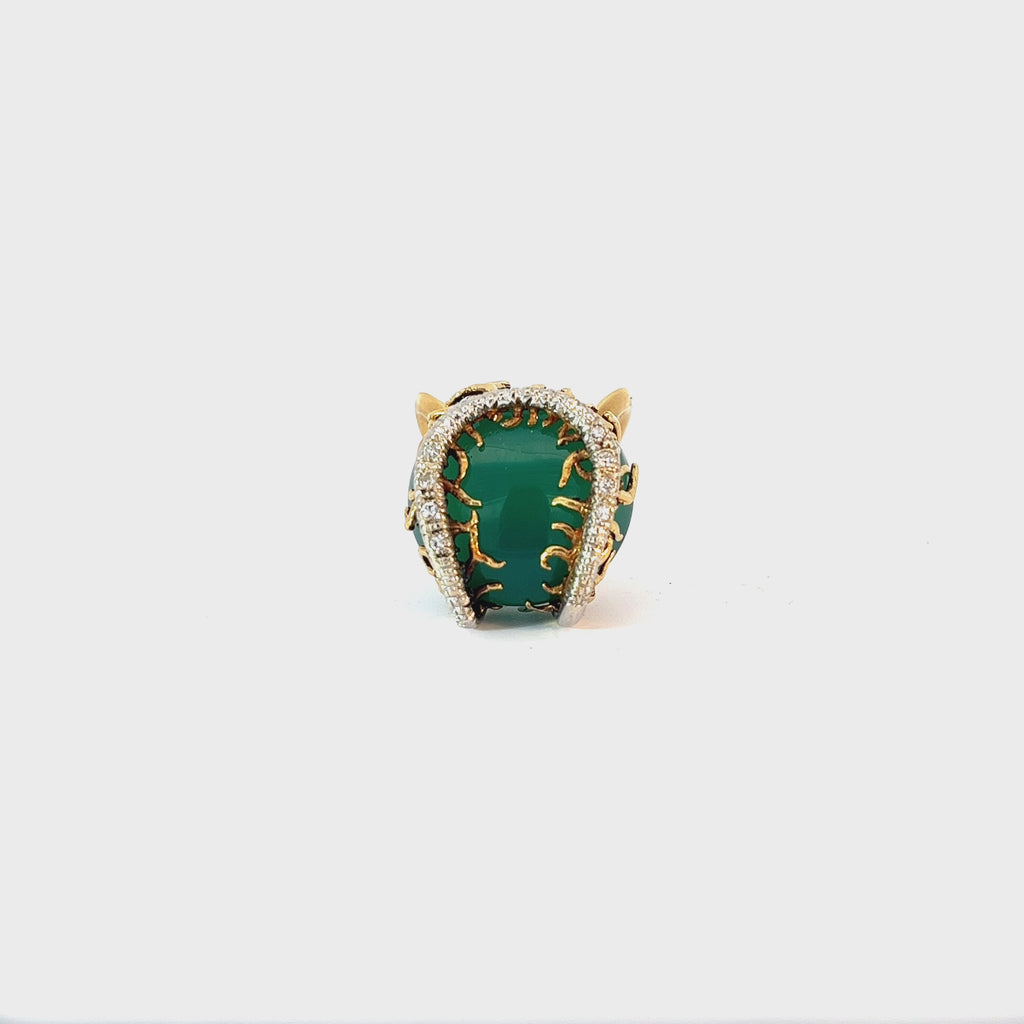 18k Yellow Gold 12.00ct Green Jade and .20ct G SI1 Round Vintage Ring