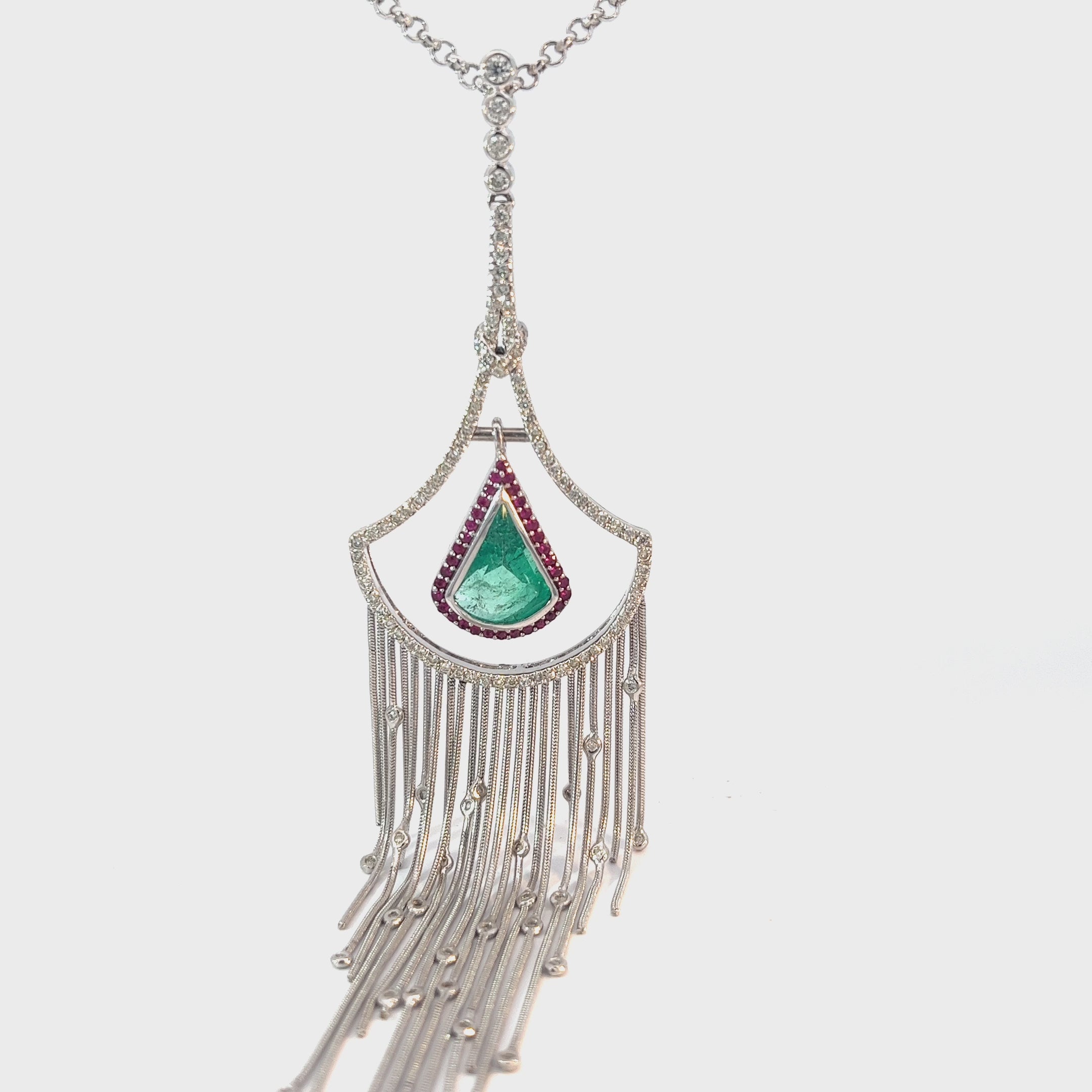 18k White Gold 1.85ct Pear Shape Emerald/ .78ct F VS2 Round Diamond and .50ct Round Ruby Necklace