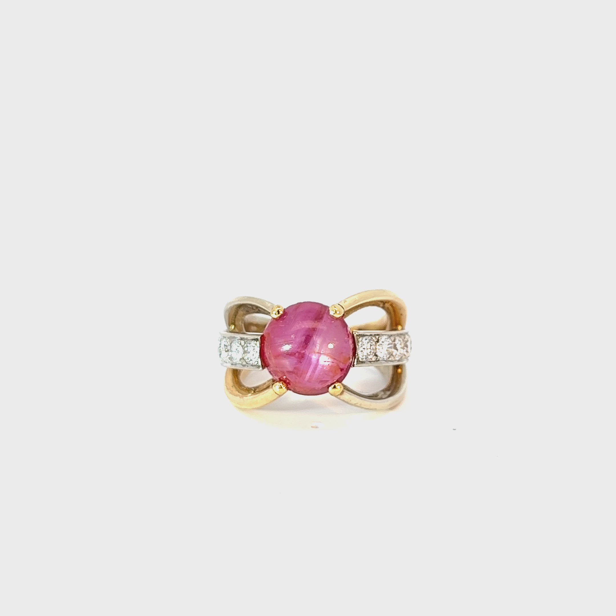 18k Two Toned 7.25ct Double Cabochon Purplish Pink Star Sapphire and 1.50 F VS2 Round diamond ring Certified by GIA # 2171538437