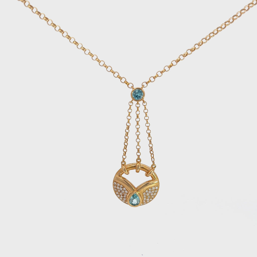 18k Yellow Gold 1.00ct Round and Pear Shape Aquamarine and .50ct G VS2  Round Diamond Necklace