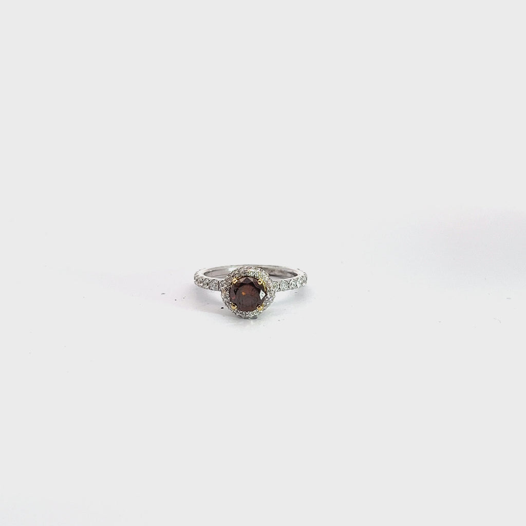 18K  Two Toned .74ct Fancy Dark Orangy Brown Chocolate Diamond and Surround .72ct F VS2 Round Diamond Setting is Pave around the Halo Engagement Ring Certified By GIA # 1142458430