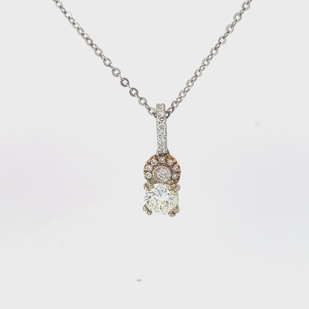 18k Two Tone .54ct G SI1 Center Round Diamond with .18ct F VS2 Round Diamond Halo Drop Necklace