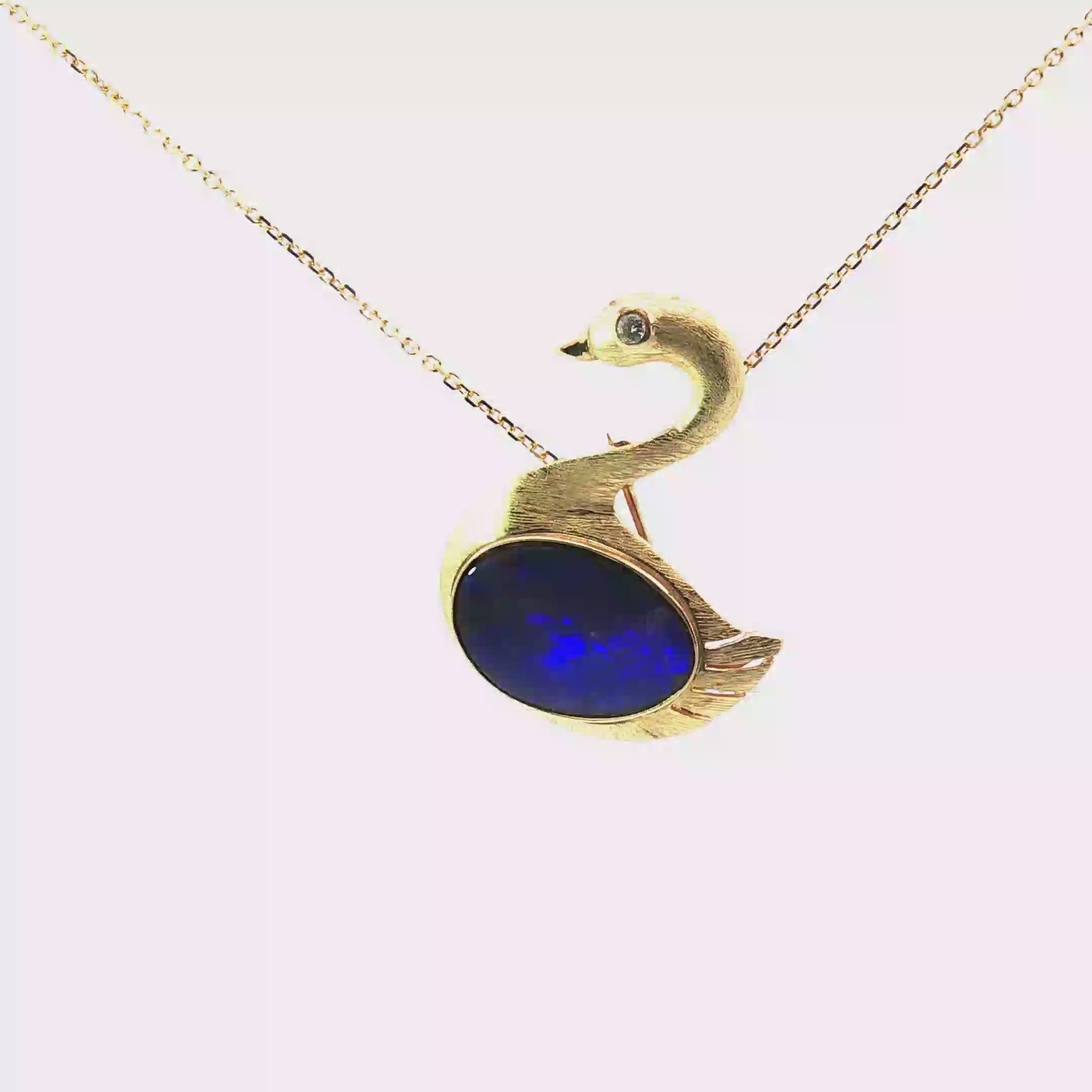 14k Yellow Gold Boulder Opal /Round Diamond Swan Pendant/Pin