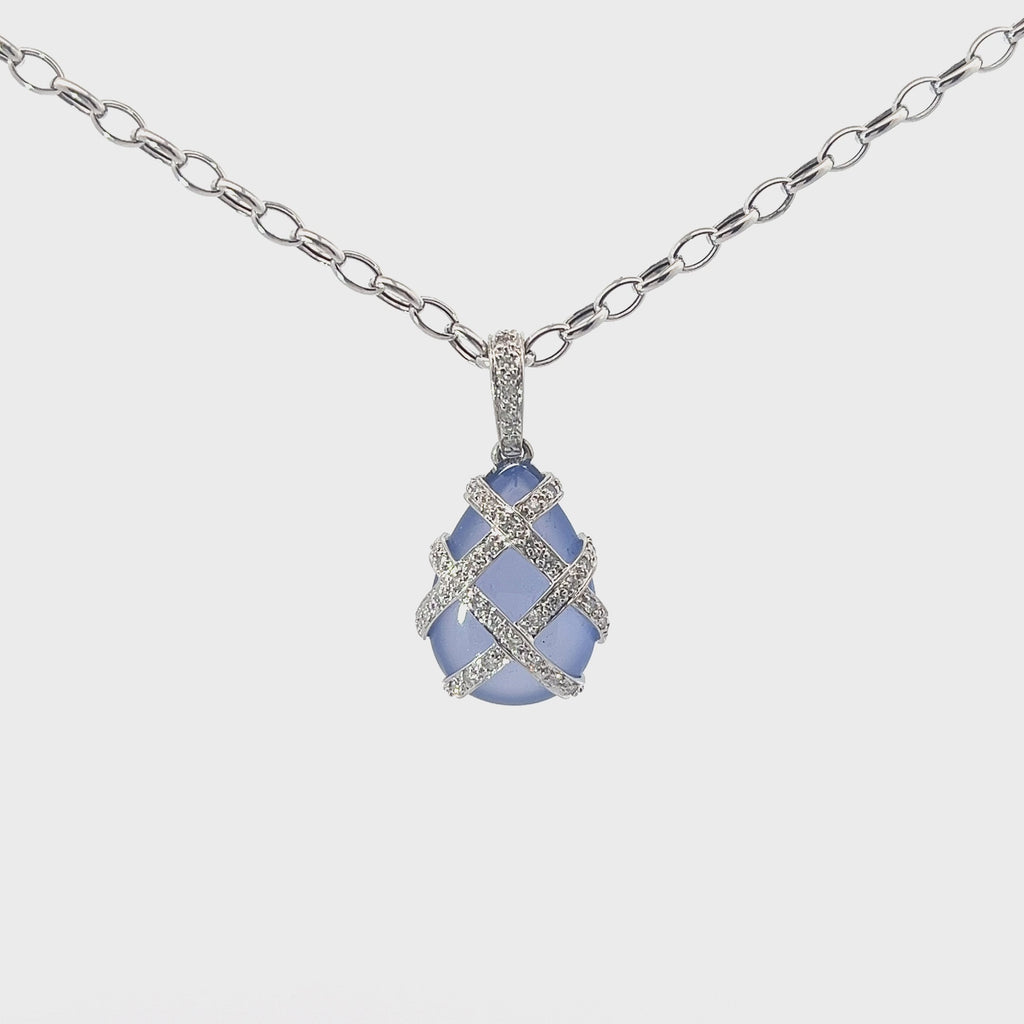 14k White Gold .40ct G SI1 Round Diamond and  Calcedony Faberge Egg Pendant