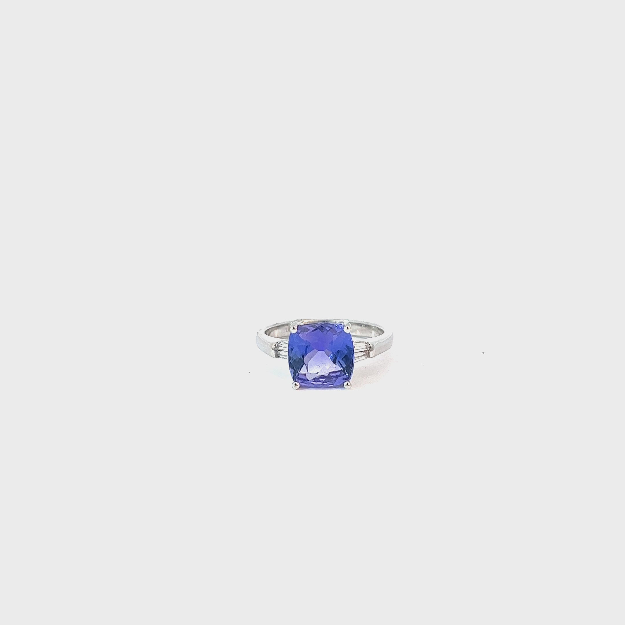 14k White Gold 3.44ct Cushion Shaped Tanzanite and .15ct G VS2 Baguette Diamond Ring