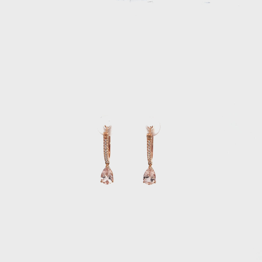 14k Rose Gold 1.20ct Pear Shape Morganite and .15ct G VS2 Round  Drop Earrings