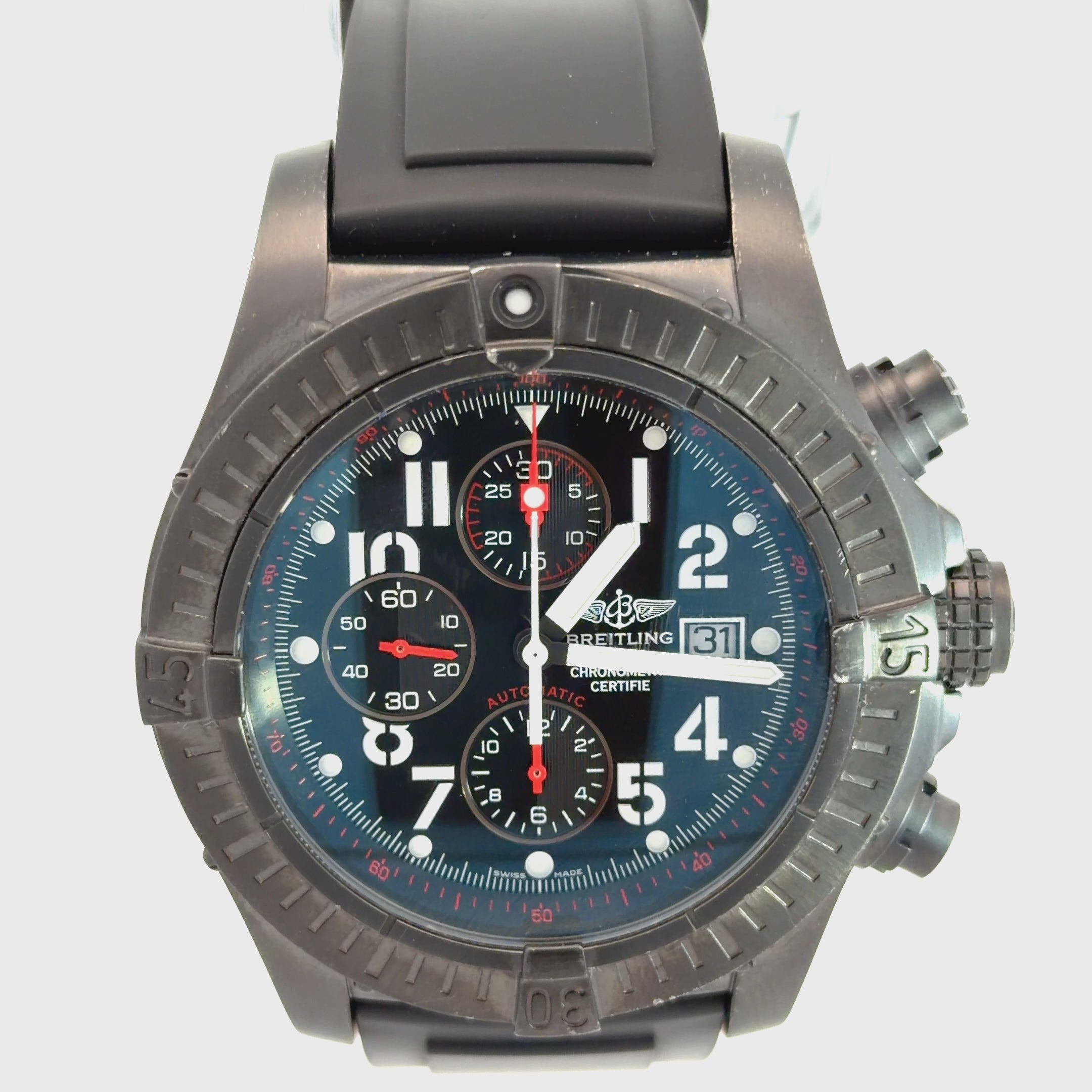 Pre-Owned Super Avenger Black Breitling Watch/ Black Rubber Strap/ Date