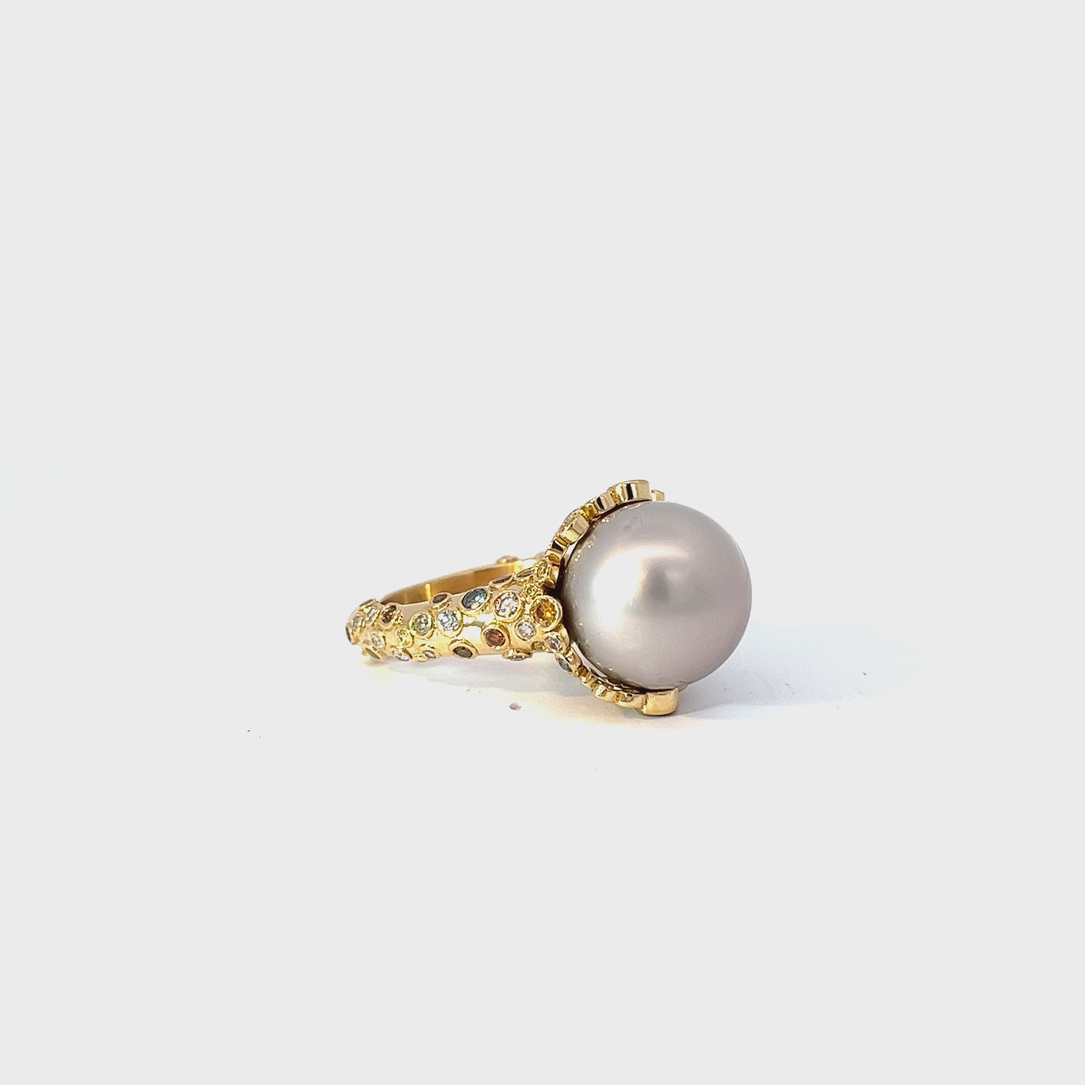 18k Yellow Gold 2.00ct G VS2 Round Multi Color Diamond / Coral Reef Pearl Inspired 13.5mm Ring Certified BY GIA #1186592896