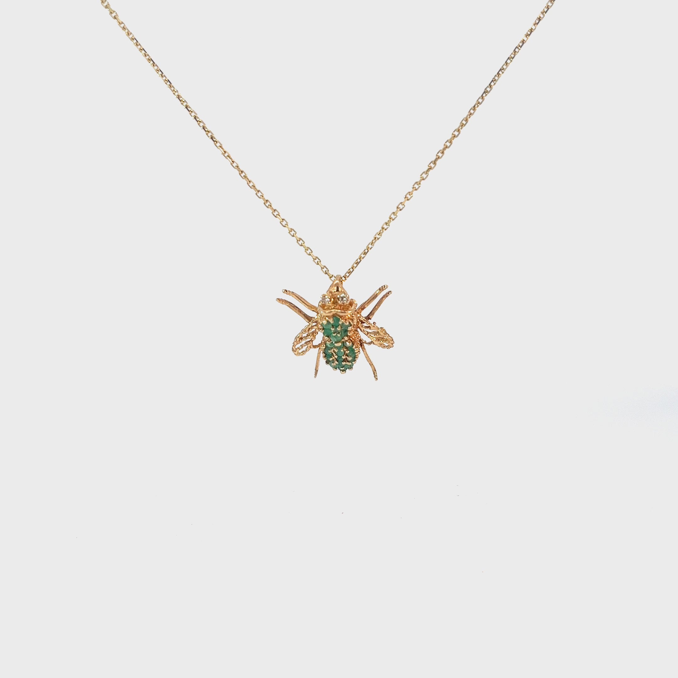Ladies 14k Yellow Gold Emerald and Diamond Bee Necklace