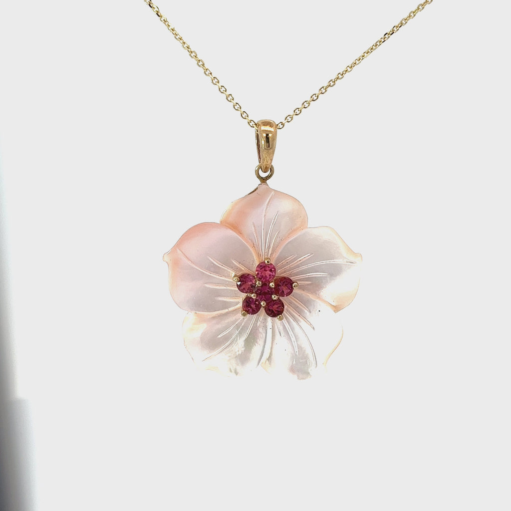 14k Yellow Gold Six Pink Tourmaline and Mother of Pearl necklace