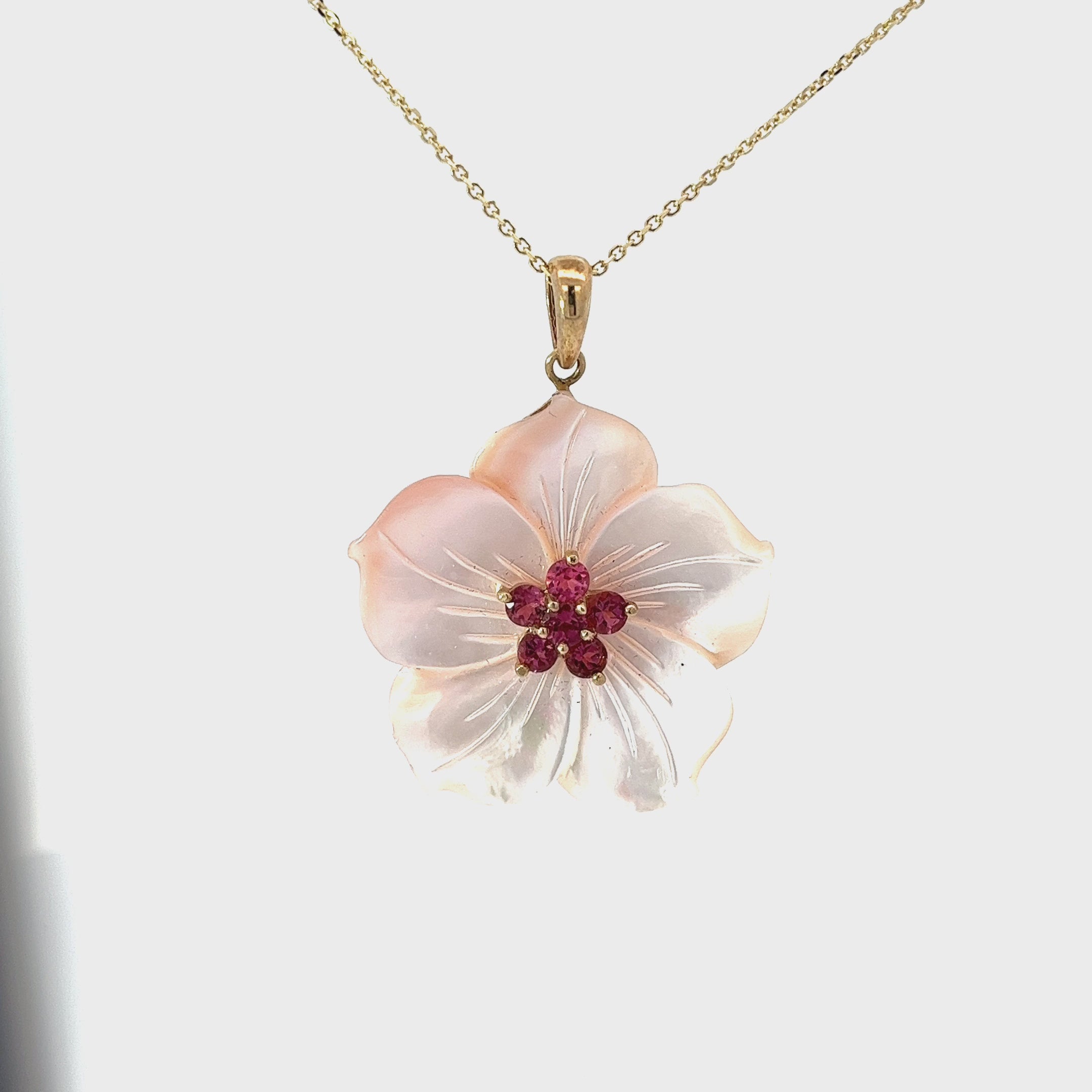 14k Yellow Gold Six Pink Tourmaline and Mother of Pearl necklace
