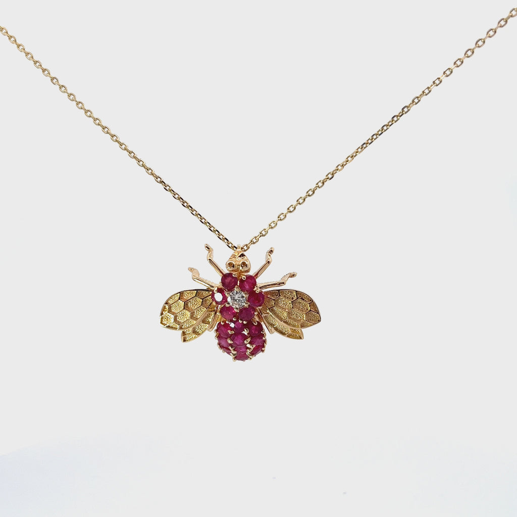 14k Yellow Gold  2ct  Burma Ruby and .15ct  F VS2 Diamond Bee Pendant Vintage