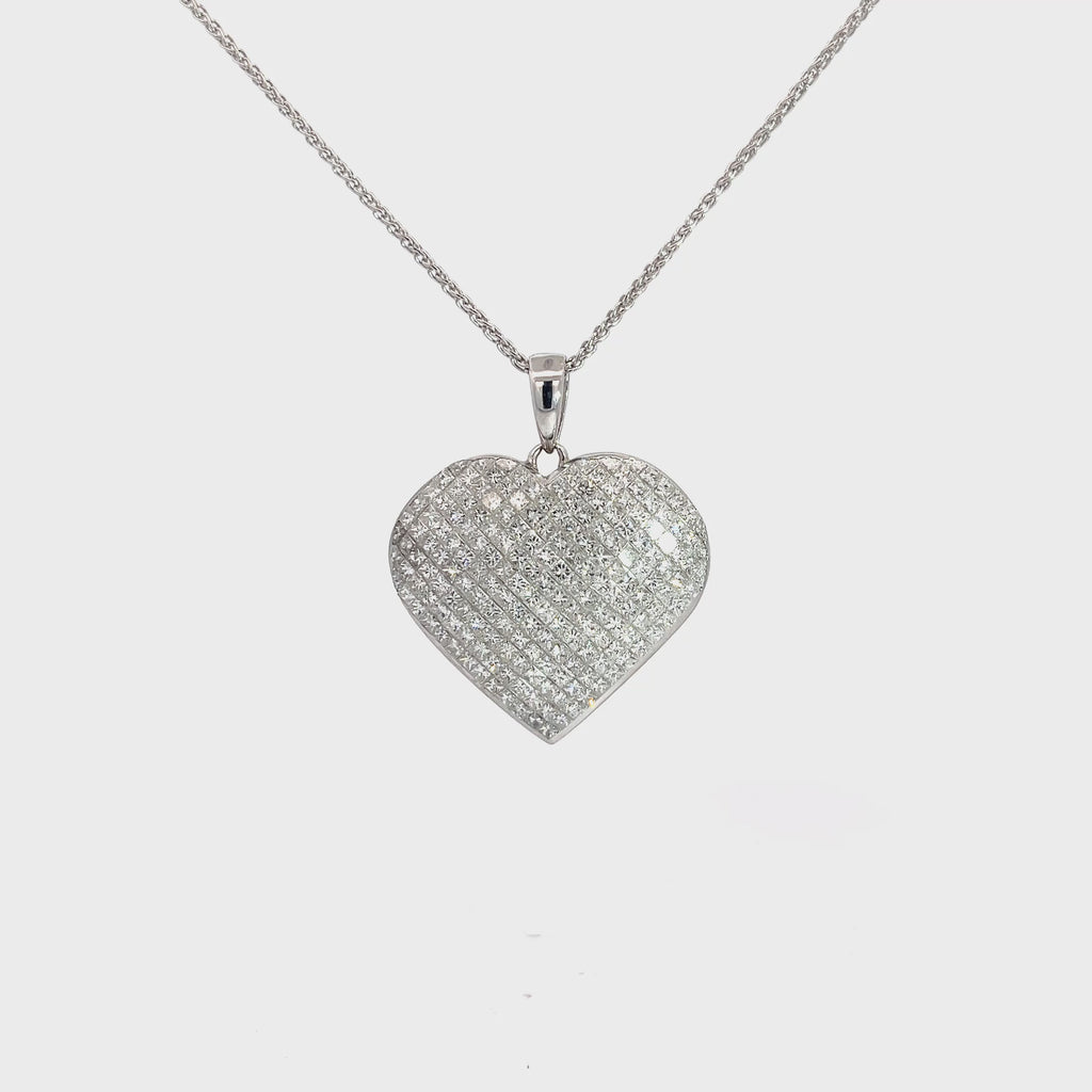 18k White Gold 4.00ct F VS2 Domed Princess Cut Invisible Set 1" Heart Pendant