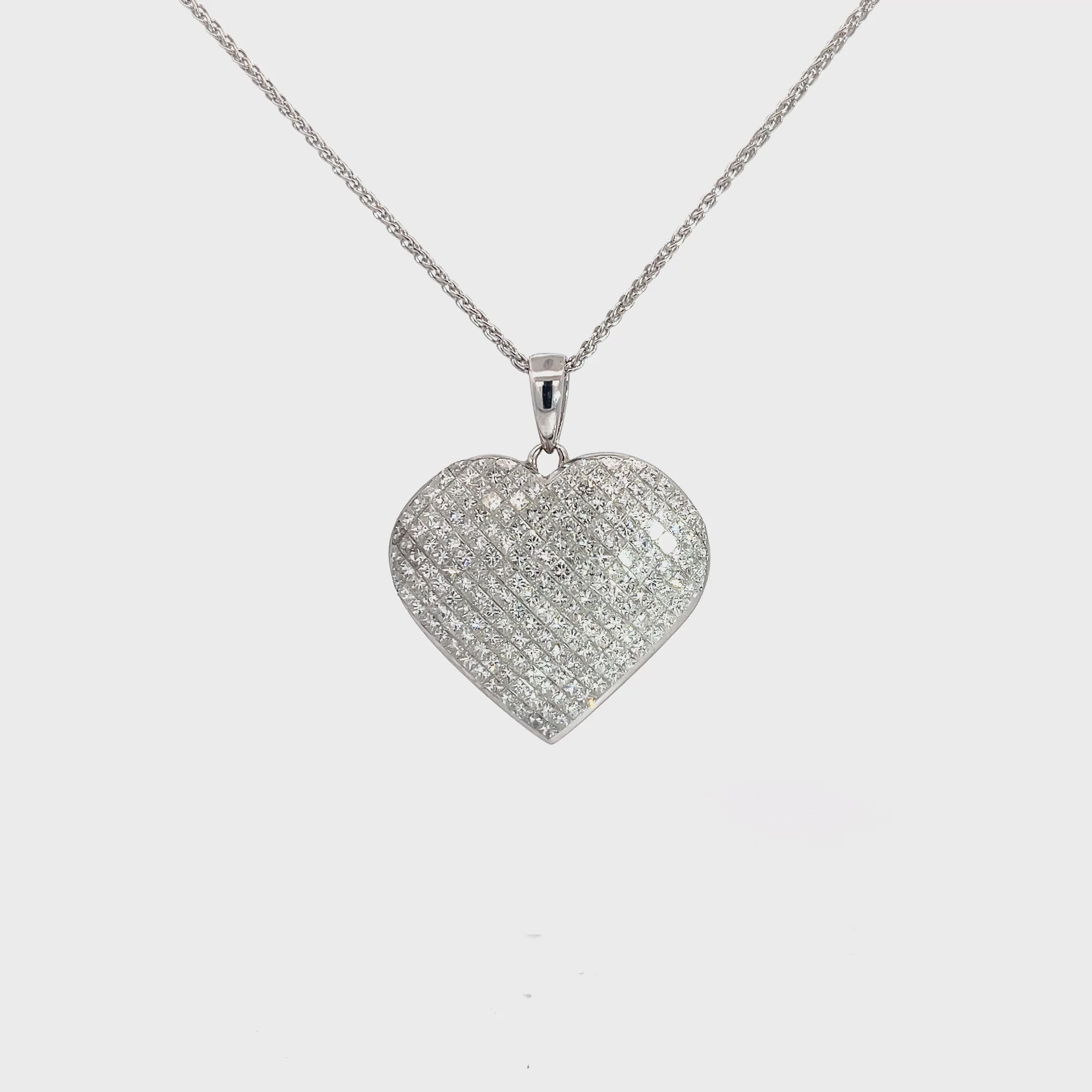 18k White Gold 4.00ct F VS2 Domed Princess Cut Invisible Set 1" Heart Pendant