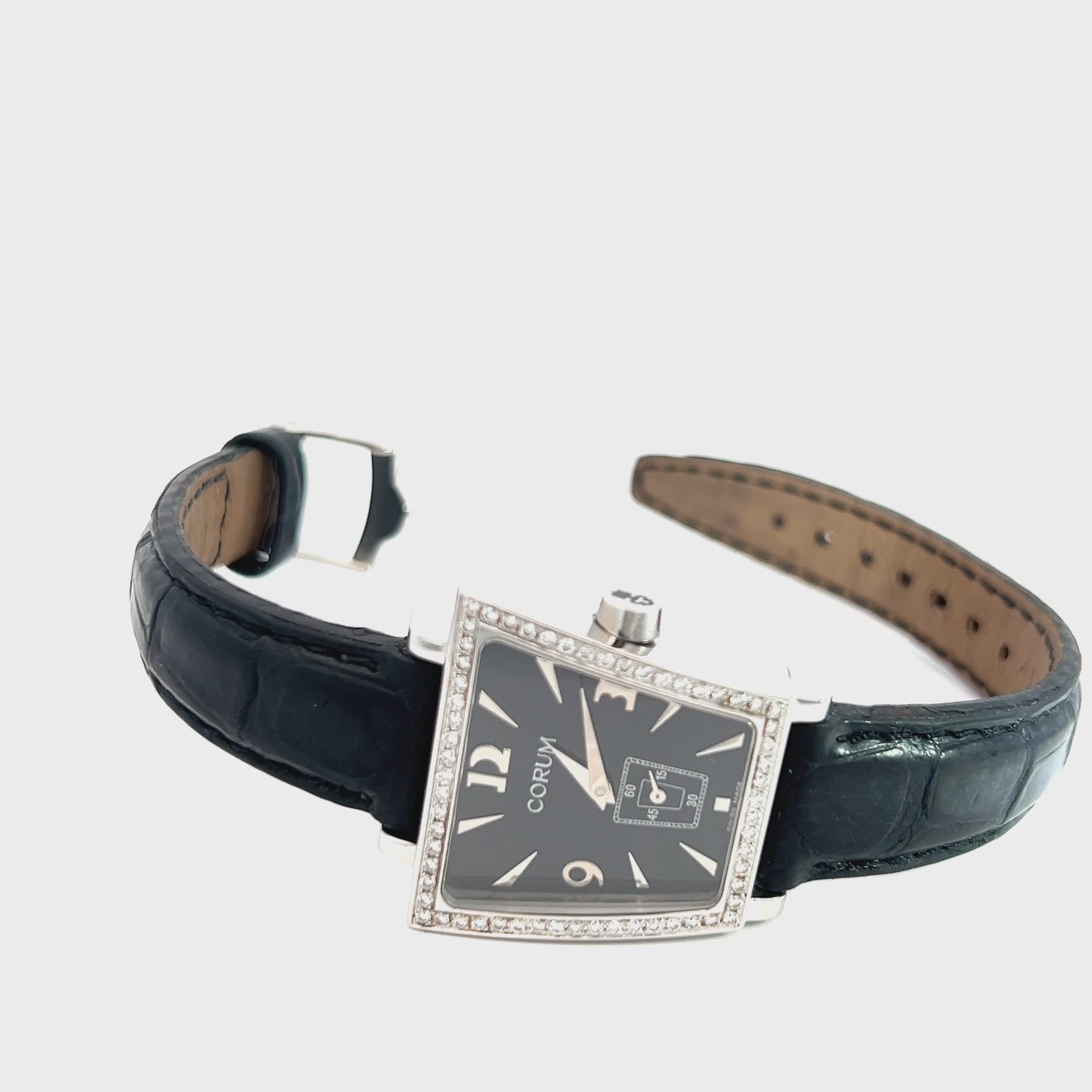 Pre-Owned Corum Watch /Stainless Steel /34mm / Diamond Bezel / Black Dial / Black leather Band come with Box and Papers