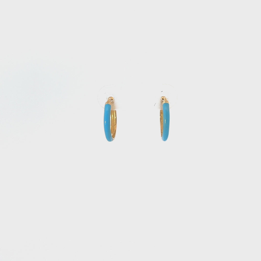 14k Yellow Gold Turquoise Enamel Hoop Earrings