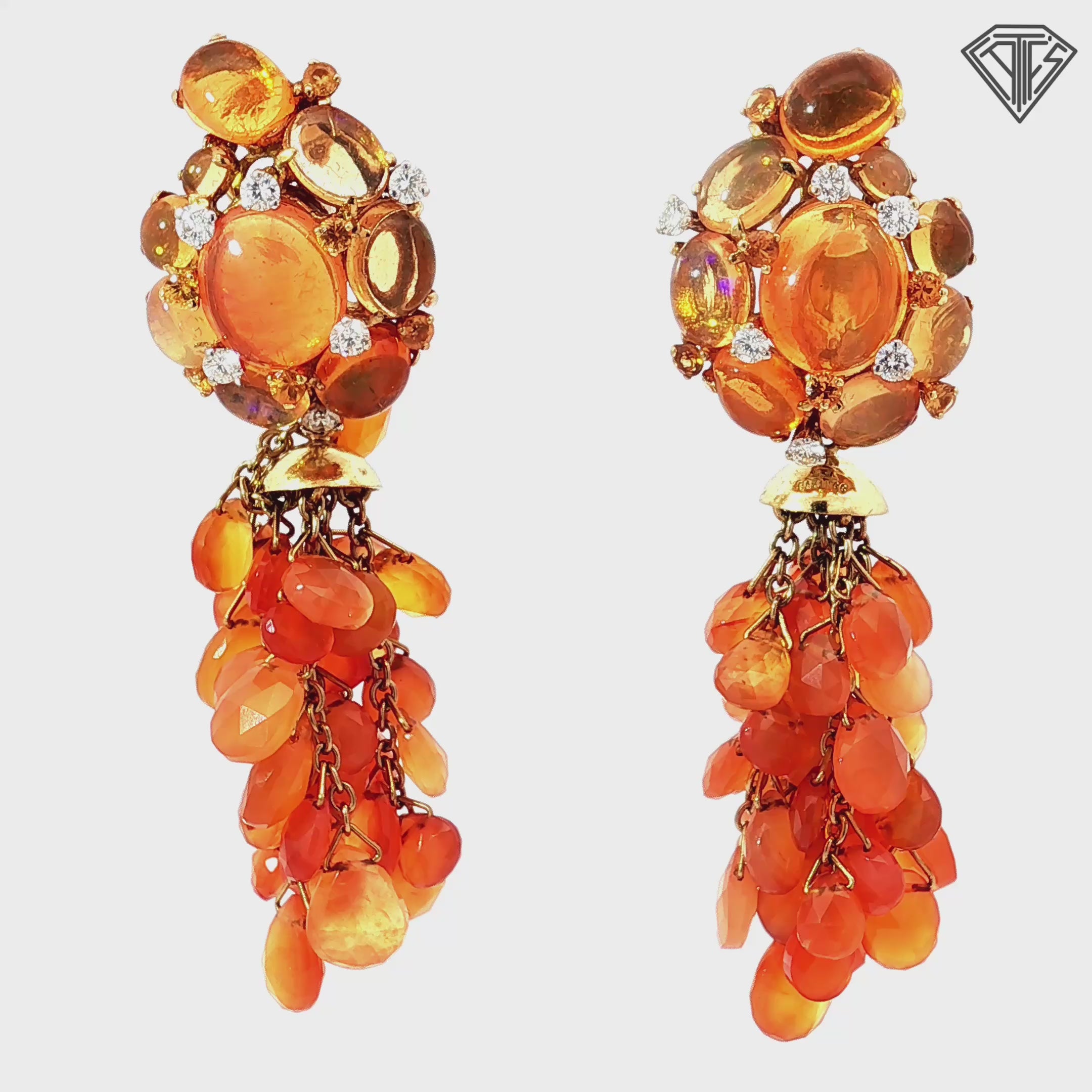 18k Yellow Gold 100ct Mexican Fire Opal / Cabochon and Briolette /.40ct G VS2 Round Diamond Chandelier Clips/Dangle Earrings  Design by Sazingg 36 gram