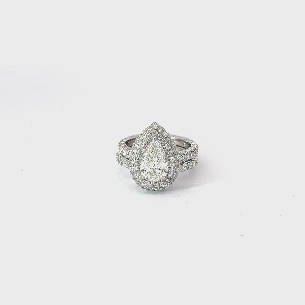 Platinum 1.53ct H VS2 Pear Shape Diamond/2.00ct E VS2 Micro Double Halo and Matching Wedding Bands Certified By GIA #6291807197