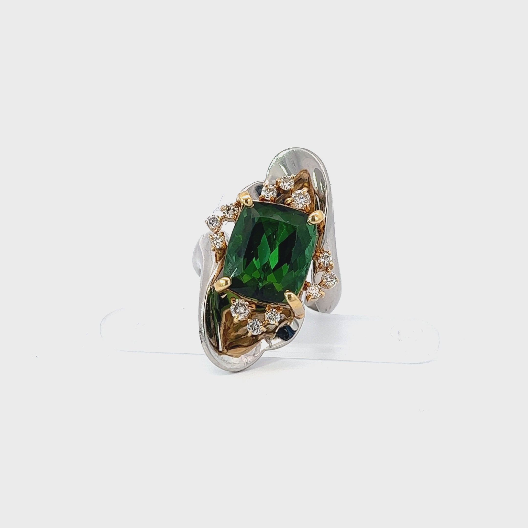 PLATINUM AND 18K YELLOW GOLD 7.80CT GREEN TOURMALINE AND .38CT E VS2 LOVE PEDALS RING GIA CERITIED