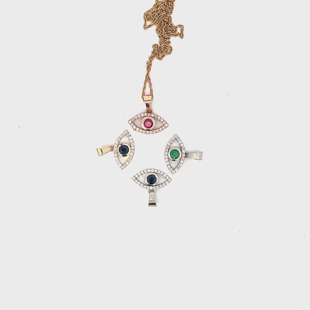 14k White and Rose .15ct G SI1 Round Diamond with .15ct Sapphire Center Evil Eye Pendant