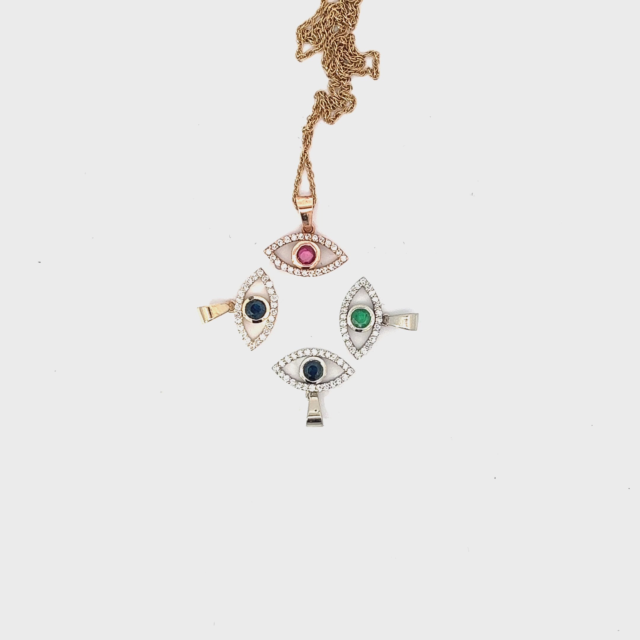 14k White and Rose .15ct G SI1 Round Diamond with .15ct Sapphire Center Evil Eye Pendant