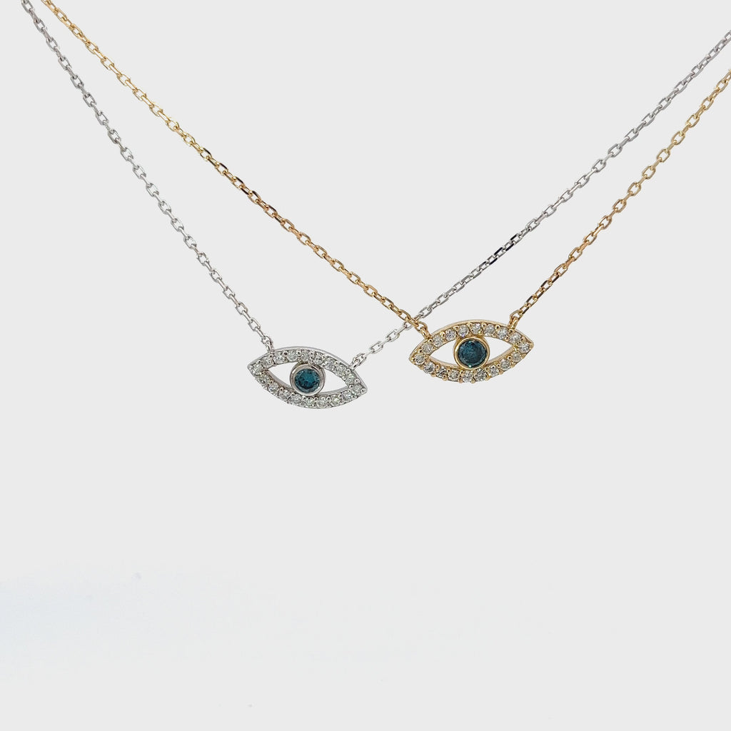 14K YELLOW AND WHITE GOLD .35CT DIAMOND AND .15CT BLUE DIAMOND EVIL EYE PENDANT