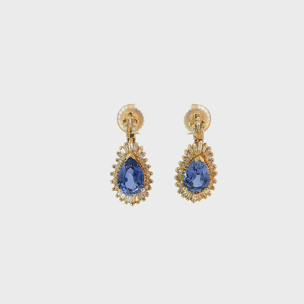 18k Yellow Gold 3.00ct Tanzanite and .50ct F VS2 Round Diamond Drop Earrings