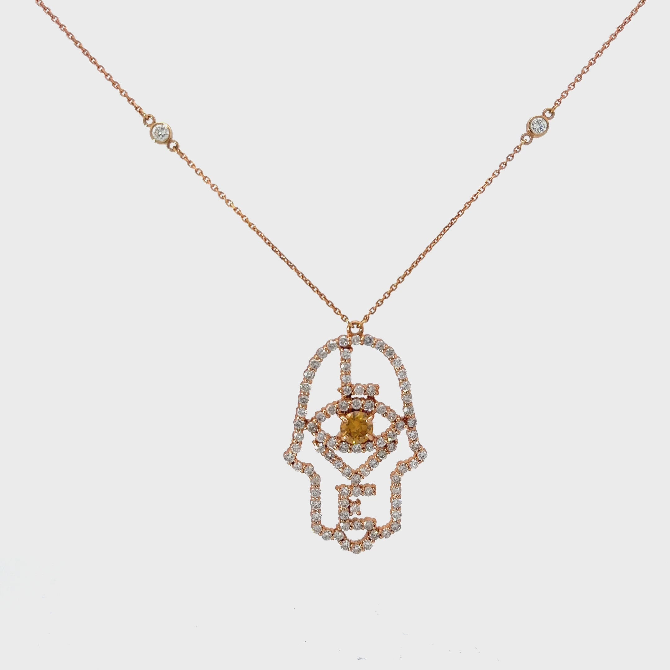 18k Rose Gold 2.25ct H SI1 Round Diamond and .60ct Round Orange Diamond khamsa Necklace