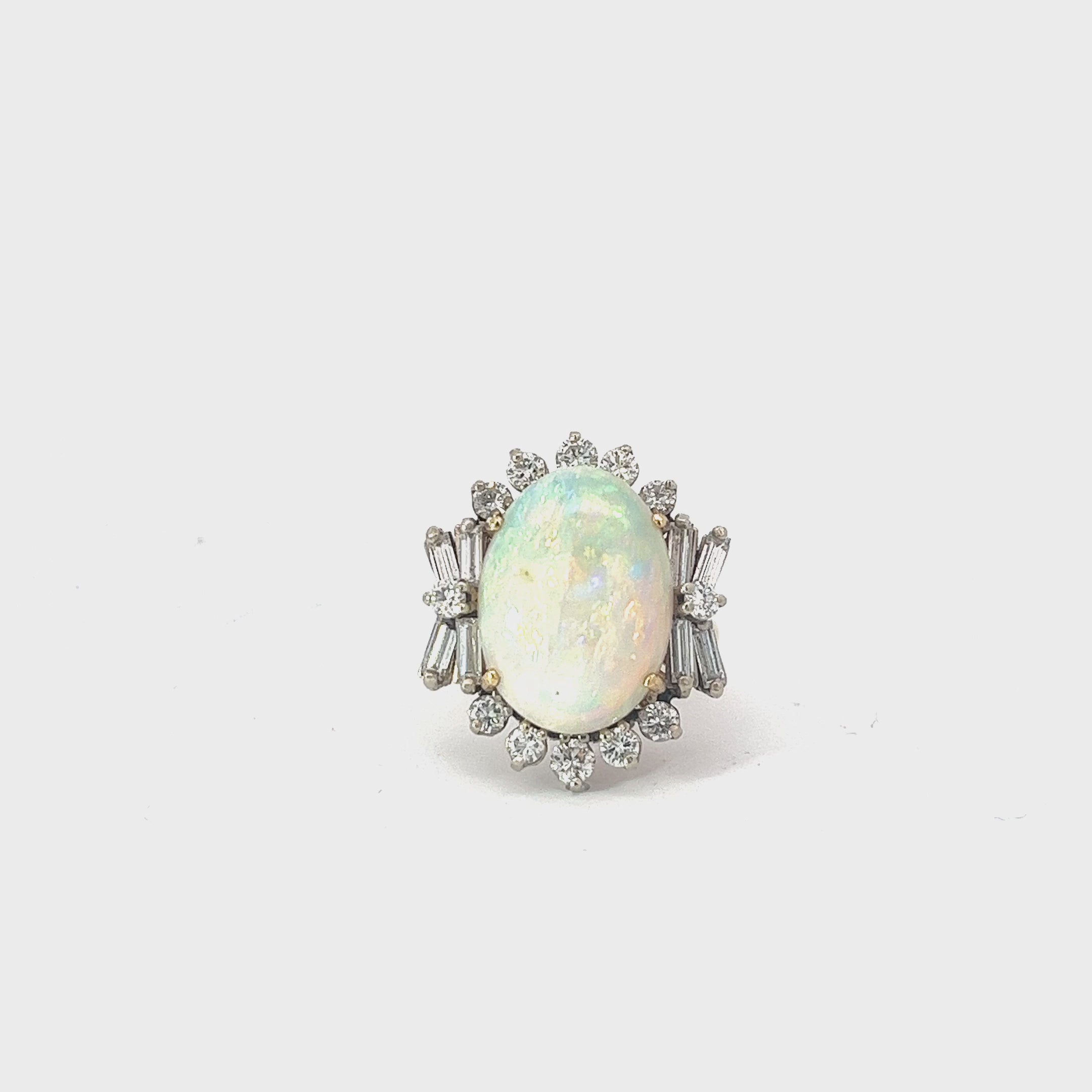 18k Two Toned 6.44ct Opal and 1.50ct F VS2 Round and Baguette Total Weight of Diamond Vintage Ring Size 5 1/4
