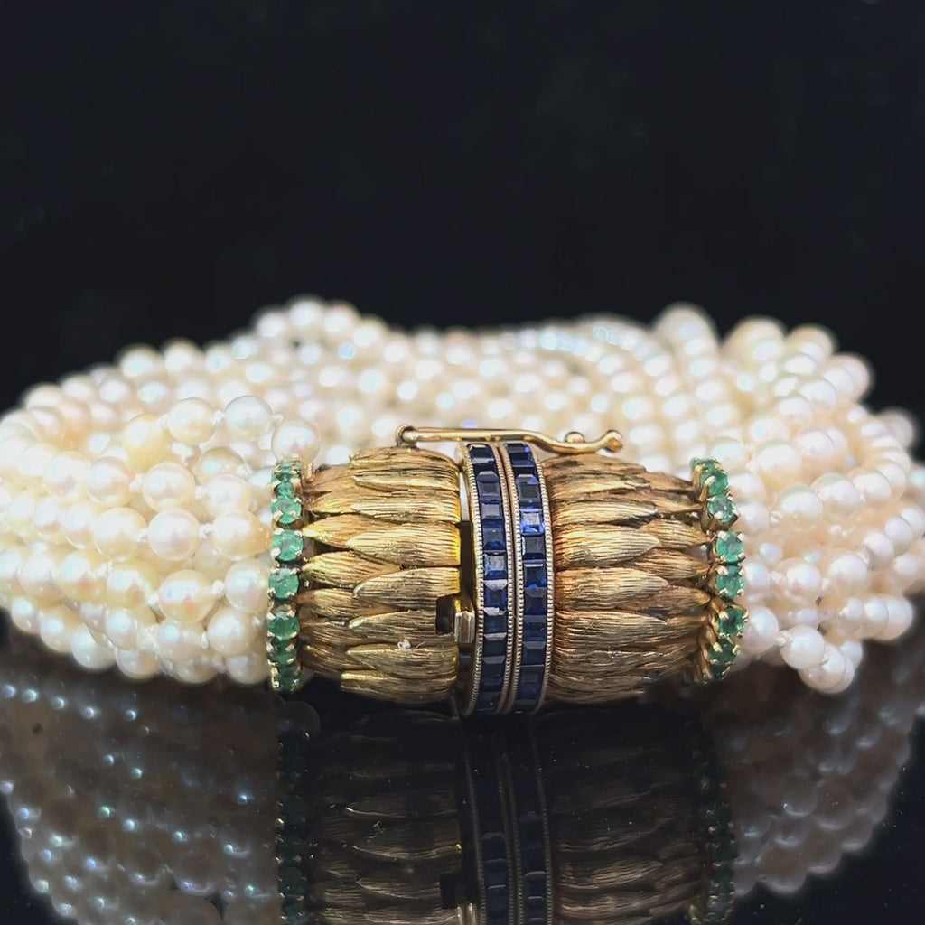 18k Yellow Gold 16 Strand Vintage Pearl Bracelet with Magnificent Chanel Setting in Princess Cut  Blue Sapphire and Round Colombian Emerald Feather Inspired Lock Natural Japanese Pearl Bracelet 74.2 Gram