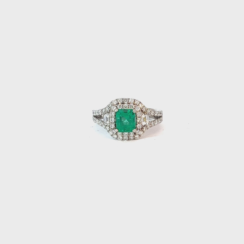 18k White Gold 1.00ct F VS2 Round Diamond and .95ct Radiant Shape Columbian Emerald Ring
