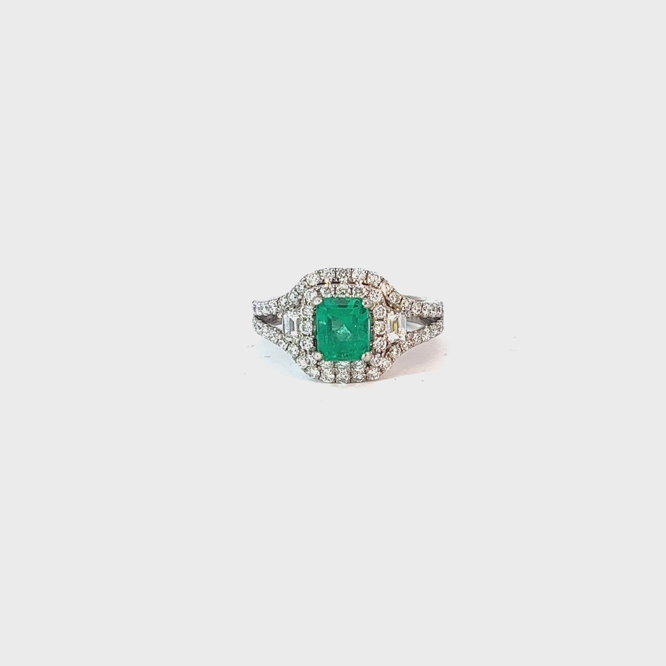 18k White Gold 1.00ct F VS2 Round Diamond and .95ct Radiant Shape Columbian Emerald Ring
