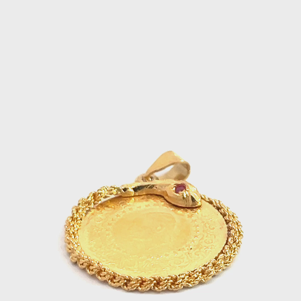 22k Yellow Gold 1964 Turkish Coin with Snake Frame with Round Ruby Eyes 6.6 grams