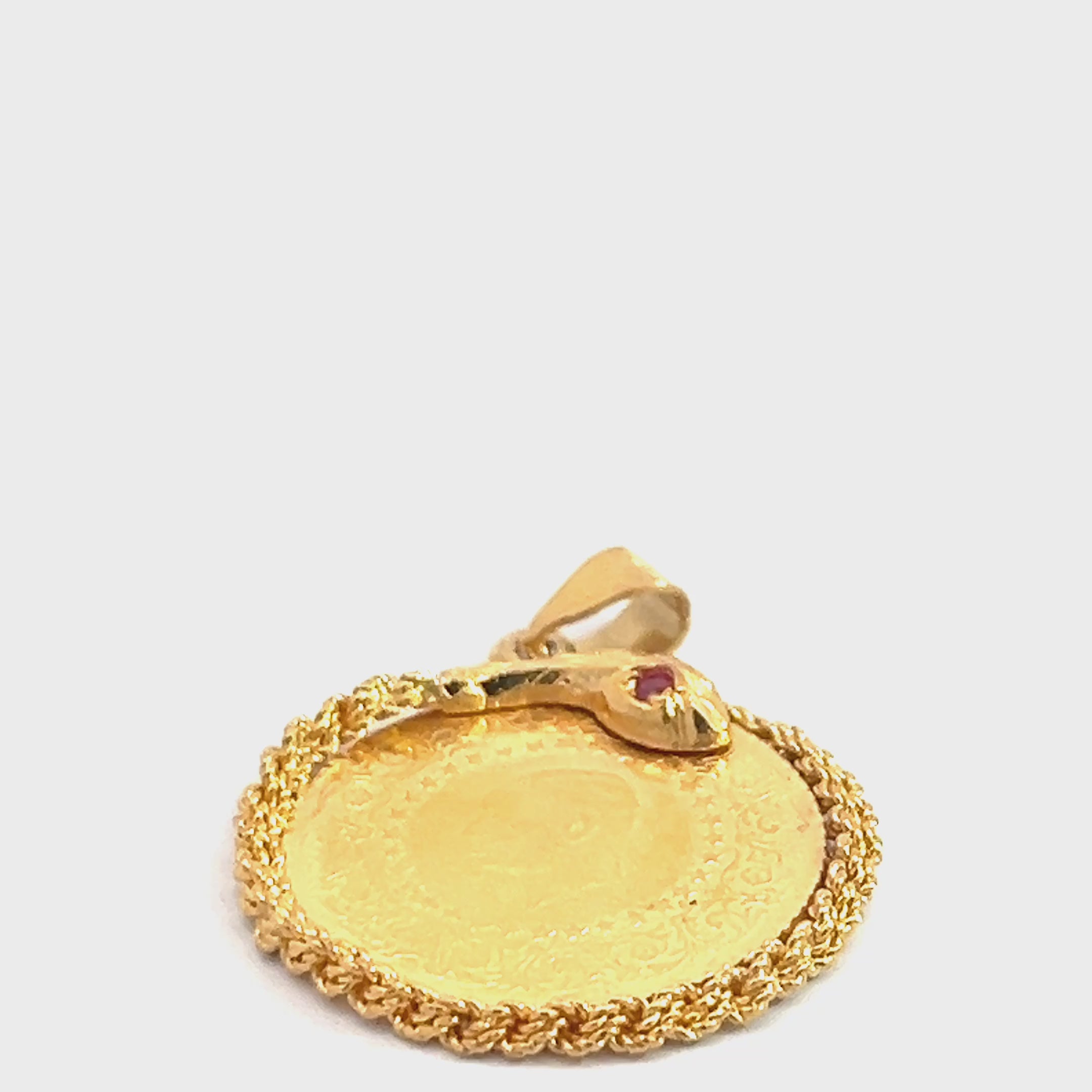 22k Yellow Gold 1964 Turkish Coin with Snake Frame with Round Ruby Eyes 6.6 grams