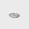 14K WHITE GOLD 1CT PRINCESS CUT PAST, PRESENT AND FUTURE 3 STONES WITH HALO AND PAVE SHANK RING