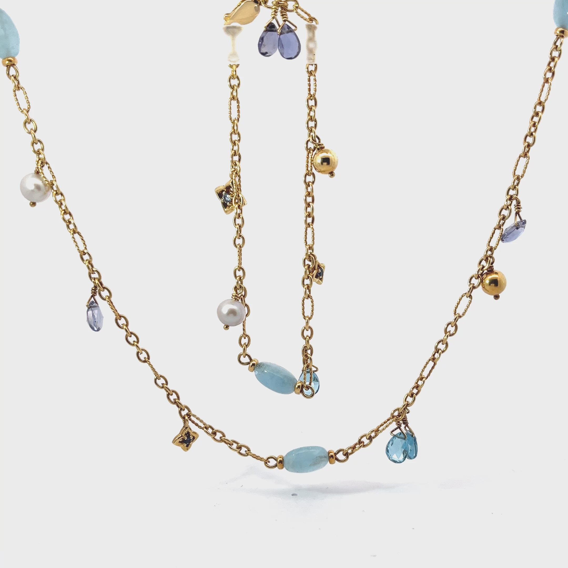 Pre Loved David Yurman 18K YELLOW GOLD VINTAGE AQUA BEAD, IOLITE, BLUE TOPAZ BRIOLETTE AND PEARL DANGLE Necklace and Bracelet set