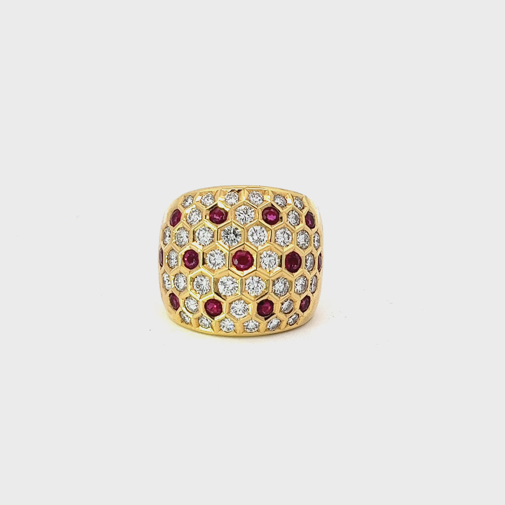 18k Yellow Gold 1.09ct Round AAA Ruby and 2.01ct F VS1 Round Diamond Honeycomb Ring