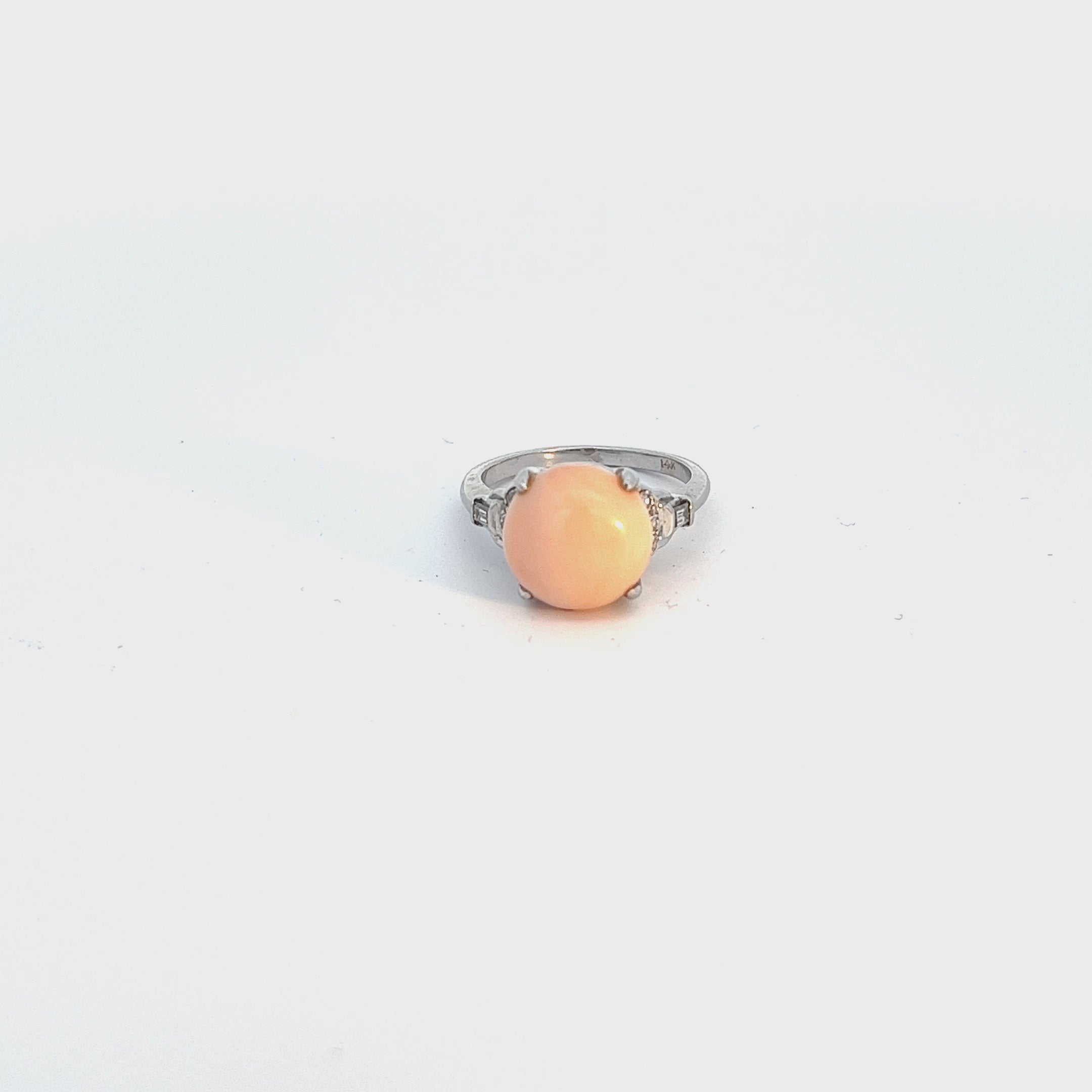 14k White Gold Vintage Partially Drilled Button Shape Light Pinkish Orange Coral with .25ct G VS2 Baguette and Round Diamond Ring Certified  by GIA # 5234226935
